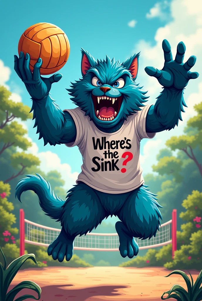 Angry blue animal playing volleyball with a shirt saying where&#39;s the sink? 