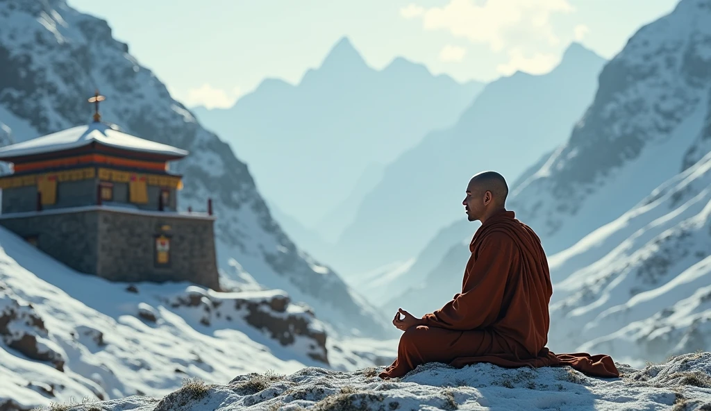 Create a monk'The warehouse in the Himalayas , and in the lower corner of the image it says awaken your conscience