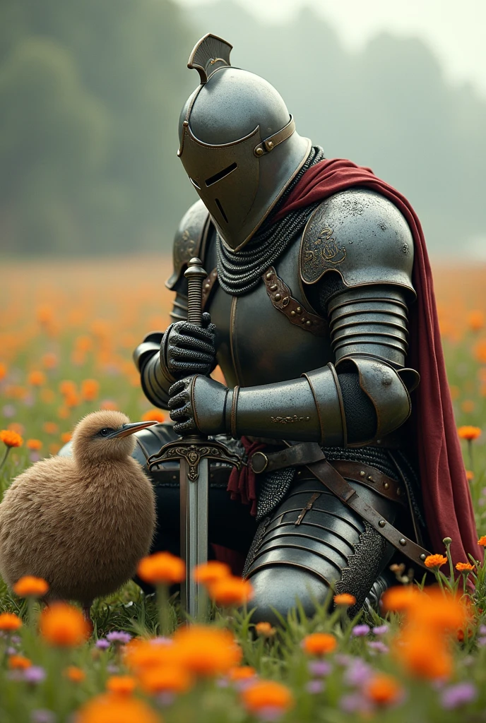 Medieval warrior with helmet covering his entire face (minute details in the armor which is of a general), on your knees and slightly crouched, leaning on his sword,  Seeing a kiwi and touching its head with the tip of the fingers of one of his hands, that the warrior is in 3/4 in a field of flowers