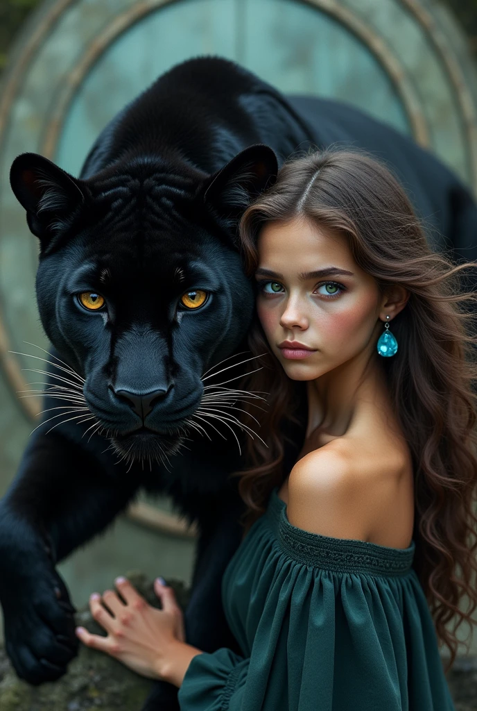 A girl with wavy chocolate-colored hair and green eyes with blue gemstone earrings protecting a black panther with brown eyes, full and round image in the background