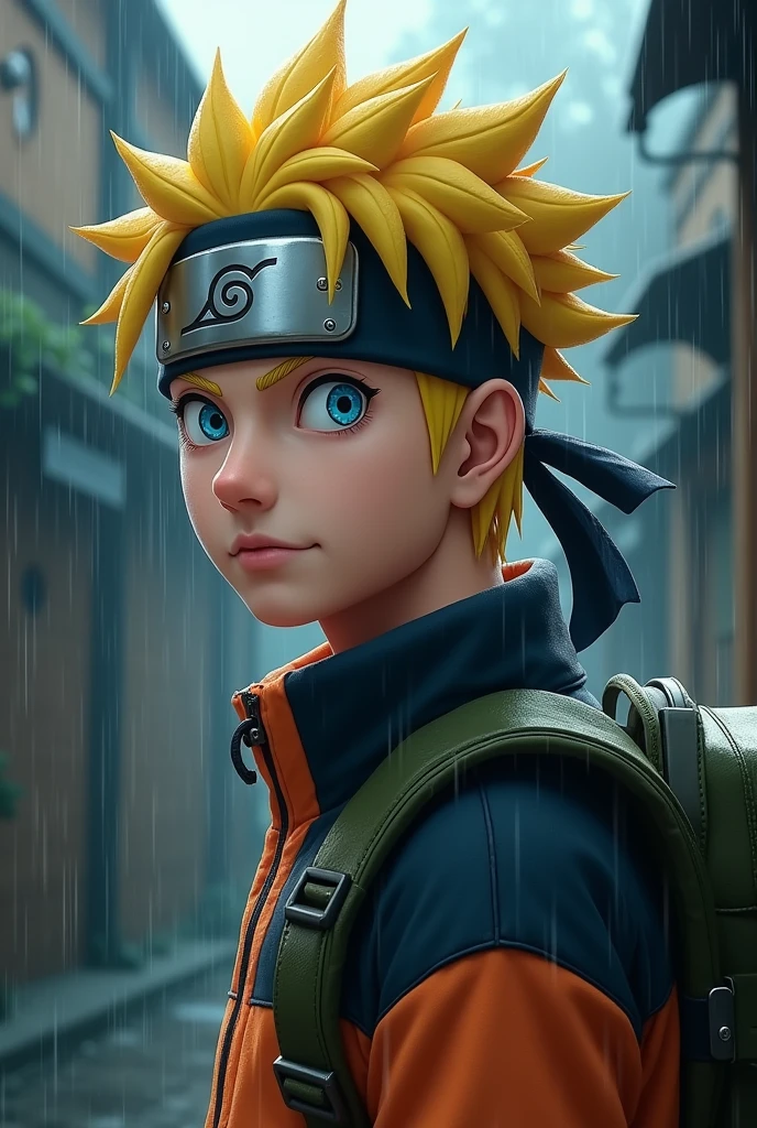 whole body,masterpiece, Highest quality, detailed, One person, good looking,male,View your viewers, naruto,realistic heavy rain,blue eyes,Yellow Hair,Headband with realistic leaf details,Realistic eyes,nose is real,realistic mouth,Skin Real,Realistic Face,realistic head,Bodyial, cinematic background art,Backpack,big eyes sharp, Realistic, photo shoot