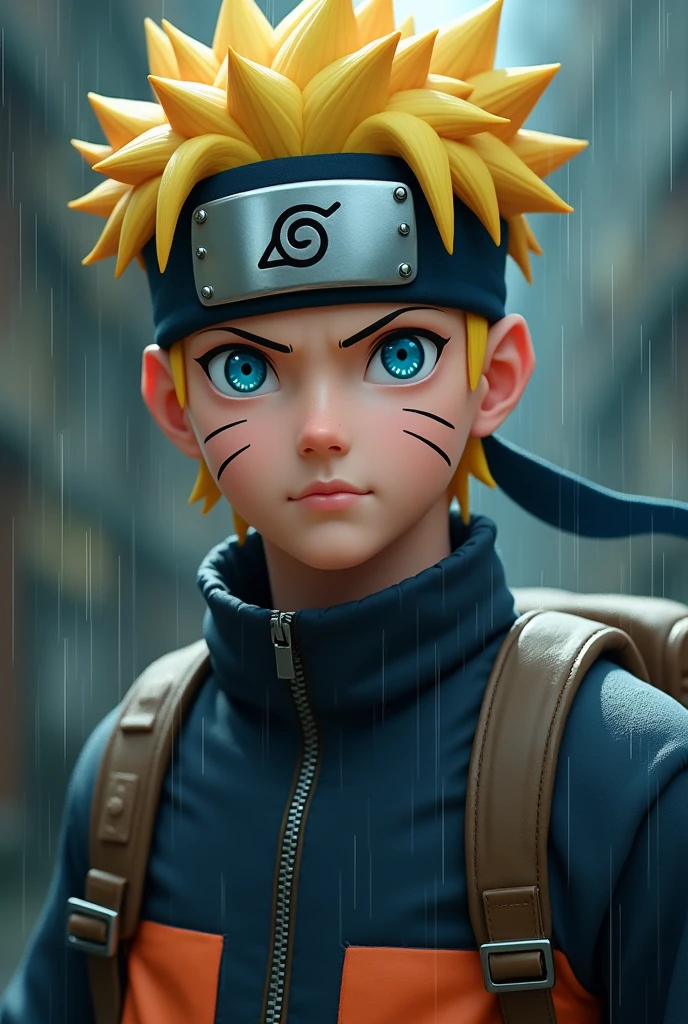 whole body,masterpiece, Highest quality, detailed, One person, good looking,male,View your viewers, naruto,realistic heavy rain,blue eyes,Yellow Hair,Headband with realistic leaf details,Realistic eyes,nose is real,realistic mouth,Skin Real,Realistic Face,realistic head,Bodyial, cinematic background art,Backpack,big eyes sharp, Realistic, photo shoot