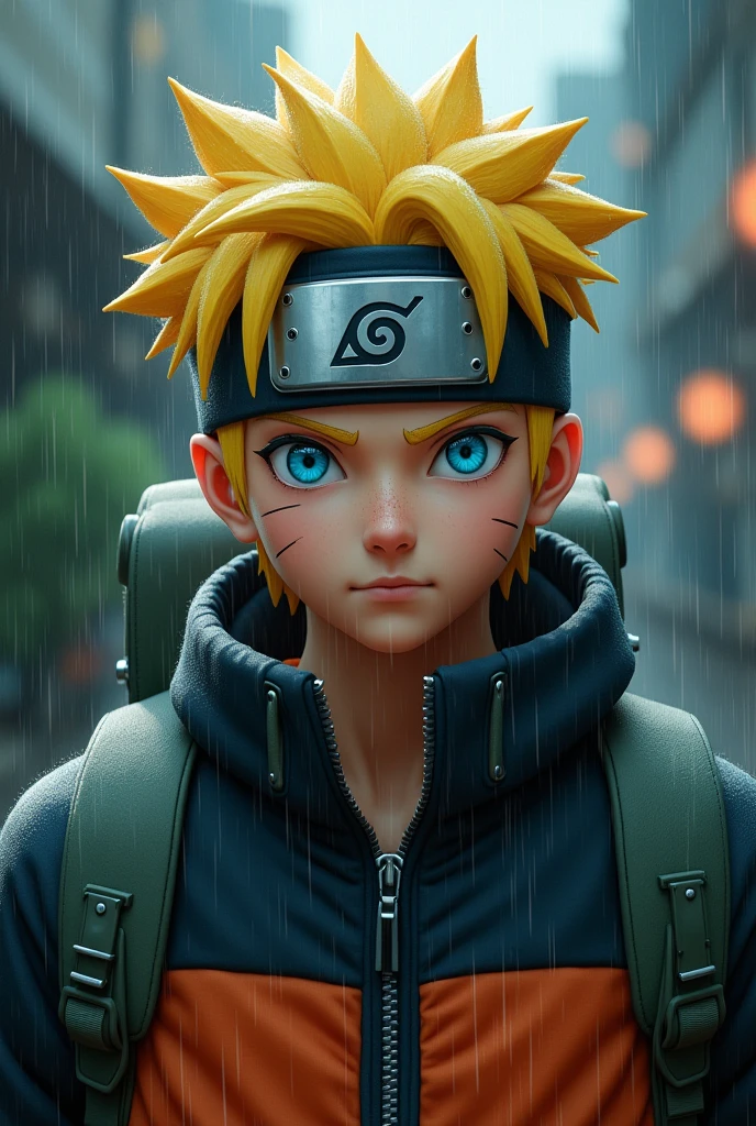 whole body,masterpiece, Highest quality, detailed, One person, good looking,male,View your viewers, naruto,realistic heavy rain,blue eyes,Yellow Hair,Headband with realistic leaf details,Realistic eyes,nose is real,realistic mouth,Skin Real,Realistic Face,realistic head,Bodyial, cinematic background art,Backpack,big eyes sharp, Realistic, photo shoot
