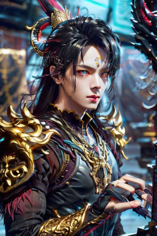 (Best Quality, 8K, Masterpiece, HDR, Soft Lighting, Picture Perfect, Realistic, Vivid), Male Humanoid Dragon (1.0),9 halo ring at back,circle shape ring at back super detailed,1 Guy, (((male))),light red lips, Perfect Face, Super Detailed Photo of a Magnificent Humanoid Dragon man with long black obsidian hair,red crimson eyes,red crimson eyes,eyes detailed,super ultra detailed eyes,reality eyes look((no noice)),pure purple and black dominant color armour,Beautiful anime fantasy, background blur, anime fantasy, Gouves style work, realistic: 1.37, long black obsidian hair, full lips, (((Curvy guy))), (Ultra high quality fantasy art) , Masterpiece , male model, ultra high quality male character designs, detailed 8k anime art, realistic anime art, highest quality wallpapers, intricate ultra high quality accurate male characters faces, red golden engraving runes lines on forehead((read about shape of runes and golden line shape of runes)),forehead detailed,high quality design and accurate physics (fantasy - ultra high quality) art) , dark  fantasy style), masterpieces, super high-quality characters, anime resolution - 8K, realistic anime art, wallpapers with the highest quality illustrations, ultra-high detail of faces, high-quality design and accurate physics), color, depth of field, shadows, ray tracing, high quality execution. -high quality and 8K resolution, (Accurate simulation of the interaction of light and materials)], [High-quality hair detail [Read more about beautiful and shiny black obsidian hair]], (Beautifully detailed hands [perfect fingers [Perfect nails]]], (perfect ??????? ( perfect proportions)))) [[Full height]], [Perfect combination of colors (Accurate imitation of the interaction of light and material)], [art that conveys the meaning of the story](modified)