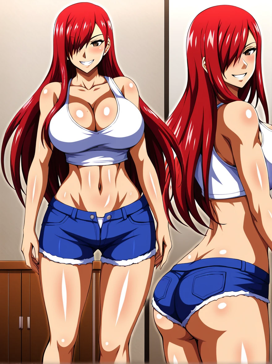 Erza, red hair, navel, crop top, , tank top, collarbone, 1girl, bare shoulders, midriff,cleavage, hair over one eye, large breasts, underwear, long hair,animerza, looking at viewer, grin, brown eyes ,masterpiece, best quality, room, big breasts, cleavage, seductive smile,blush, full body, shorts, standing, shoes
