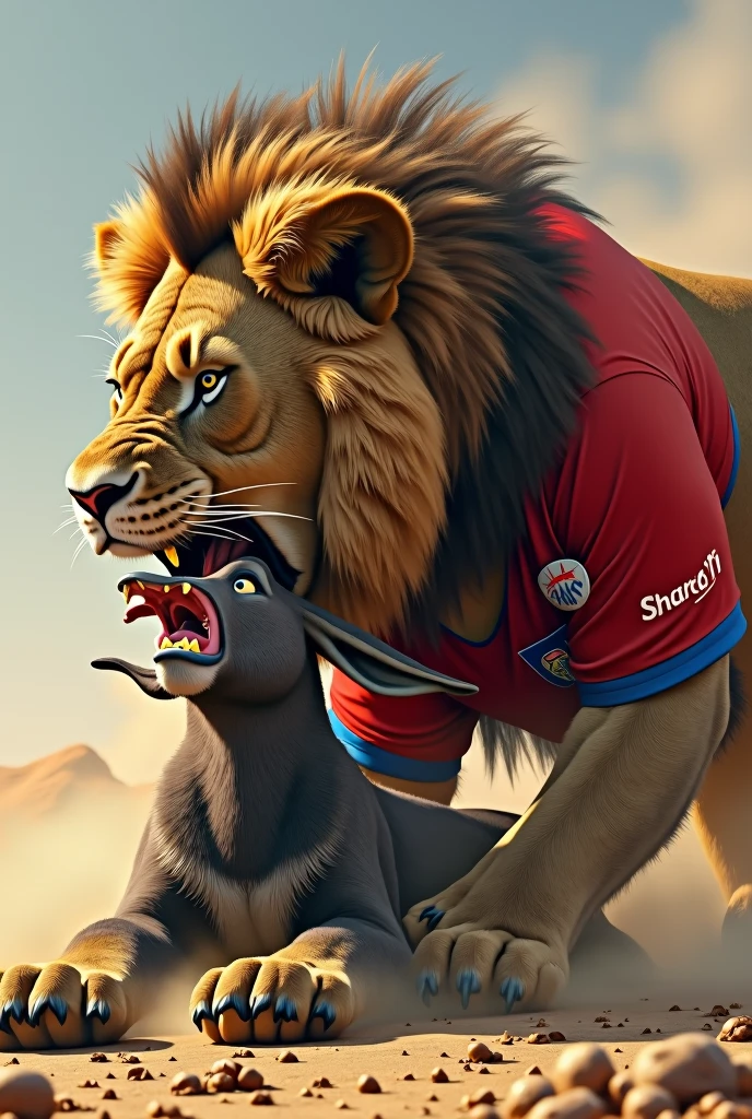 A lion devouring a donkey on the ground. Both wearing soccer jerseys.