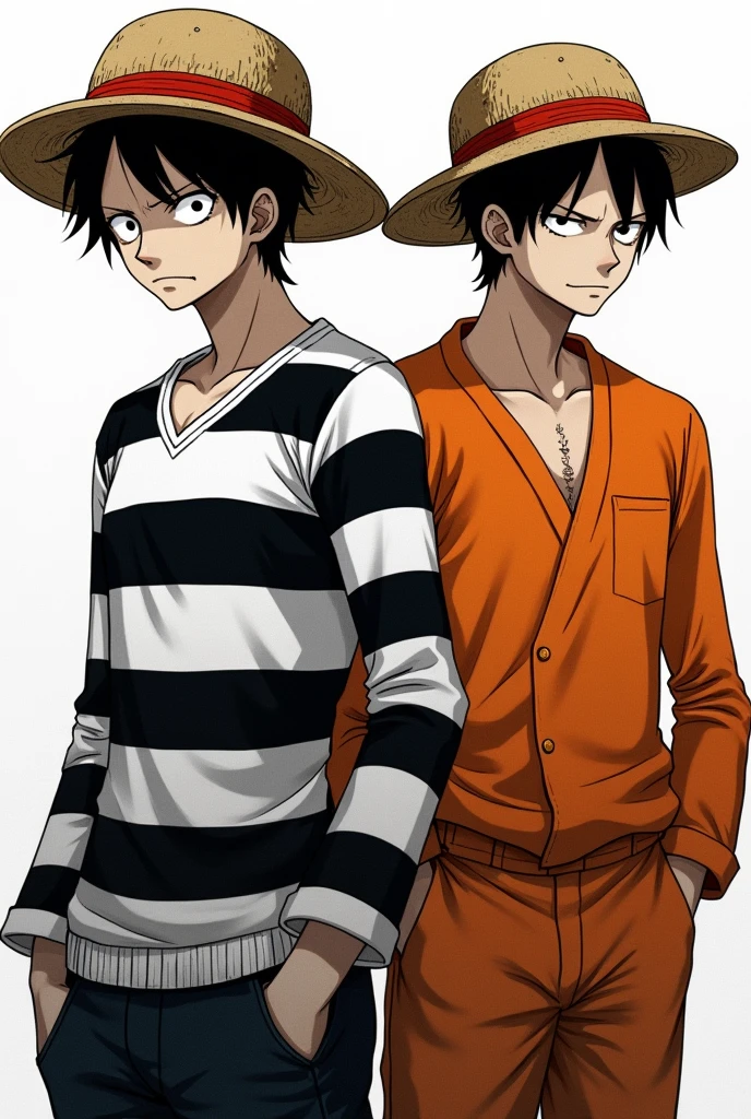 Monkey D. Luffy in a black and white striped long-sleeved prison uniform and Monkey D. .... Luffy in orange long sleeve prison uniform Original anime One Piece