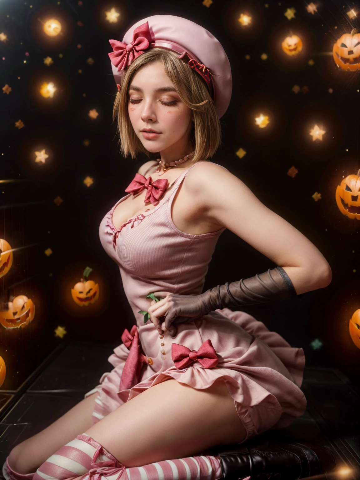 (1 lady), The beautiful, (Best quality at best:1.4), (ultra - detailed), (extremely detailed CG unified 16k), A Beautiful Woman with Perfect Figure: 1.4, Sharp Focus: 1.2, gold blonde hair, very detailed, High-definition RAW color photo, professional photoshooting, amazing face and eyes, cosmetics, (amazingly beautiful girl), ((Lambdadelta)), Bethcast, ((exact clothes: dress, shoes bow, red shoes, striped stockings, red bow, pink hat, necklace, gloves, pearl, pumpkin brooch, pink dress)), levitating in a cute posture, (floating in space), (She's levitating in a cosmic sea, outer space:1.3, quantum hyperspace room lacking walls, hyperspace chamber, extremely detailed background, a lot of details background, realistic background), (look from above), realistic cinematic face, head to feet long wide zoomed out view, full body long view, photorealistic, ((realistic natural blonde hair style, eyes closed)), gorgeous, extremely beautiful face, perfect model beauty, Highly Detailed Face and Skin Texture, Detailed Eyes, Double Eyelids, Big Breasts, Persistent Stare, pout mouth, Perfect Teeth, Faith Trance, (masterpiece), best quality, high resolution, extremely detailed, cinematic lighting, amazing legs, pink combat boots, clear and well-cared skin, pale skin, lambdadelta exact dress: 1,