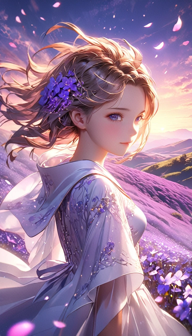 3D anime art, young woman on a hill covered in luminescent purple flowers, wind blowing through her hair, petals floating around, magical twilight setting, intricate details, glowing elements, vibrant and serene, high resolution