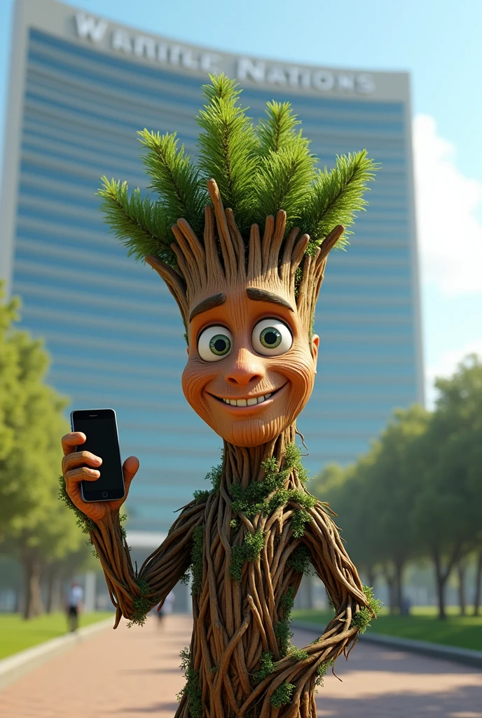 Create a Pixar-style image where there is a humanized pine tree with a phone in its hand and standing at the headquarters of the United Nations organization where the word UN can be read.
