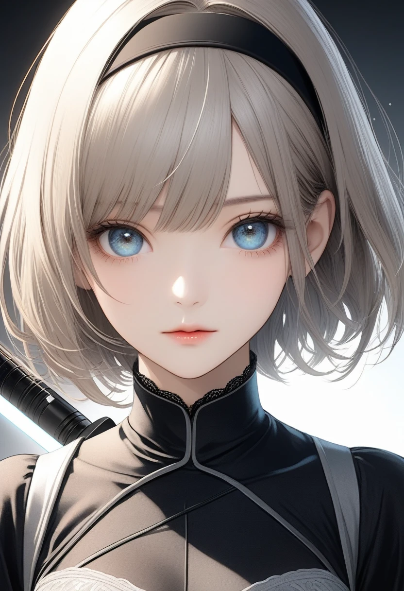 score_9, score_8_up, score_7_up,source_anime 
BREAK {(masterpiece,best quality, 16K portrait, UHD, (Depicting beautiful faces more carefully:1.4), extremely detailed CG, detailed beautiful face and eyes and skin and hair)},{(ultra realistic photo graphic style:1.4)}  
BREAK {solo, (2B of Nier_Automa:1.4)), (slender body,medium breasts),(lightbrown_lightwhite colored hair:1.4, short cut hair), (medium mouth:1.2),(narrow and sharp eyes:1.4,blue-glay eyes),(black hairband:1.4) ,cleavage,(Nier_Automata_2B costume:1.2) 
BREAK {profile} 
BREAK (hold a lightsaber:1.2),simple_background