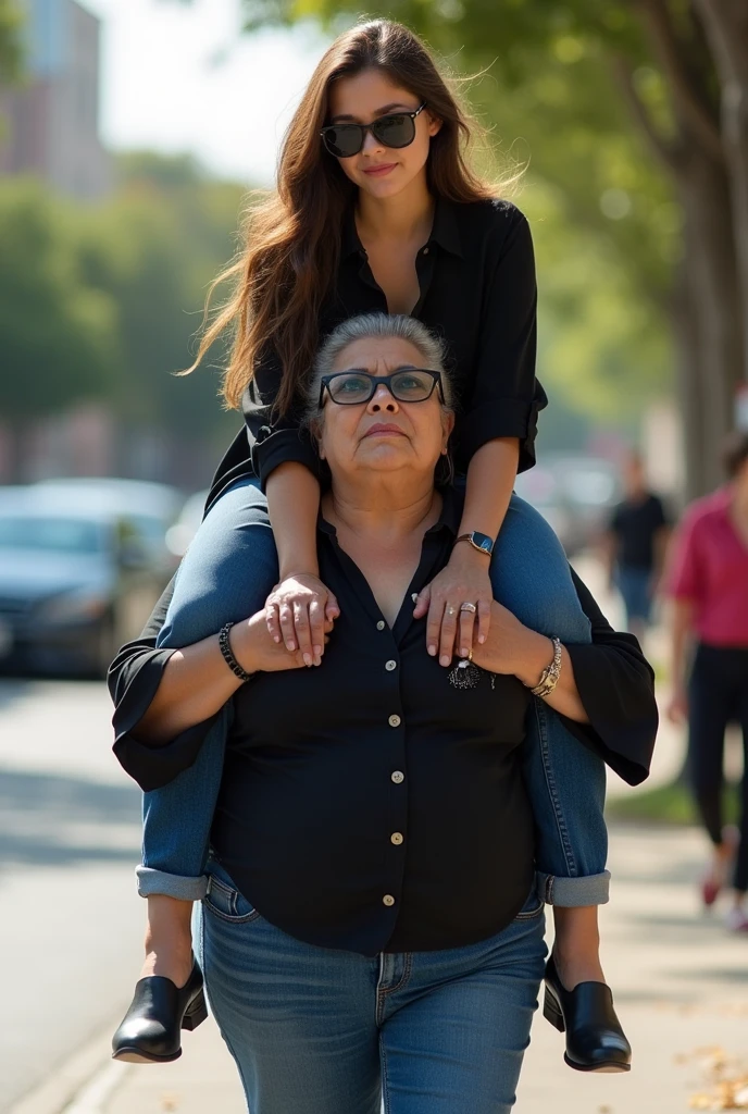 Create a photo of a 20 year old young woman, with a slender and beautiful body, wearing jeans and a long black blouse, with white and clear skin, with long brown hair and wearing sunglasses being carried on the shoulders of a 90 year old elderly lady, obese, with dark black skin and wearing a dress and glasses