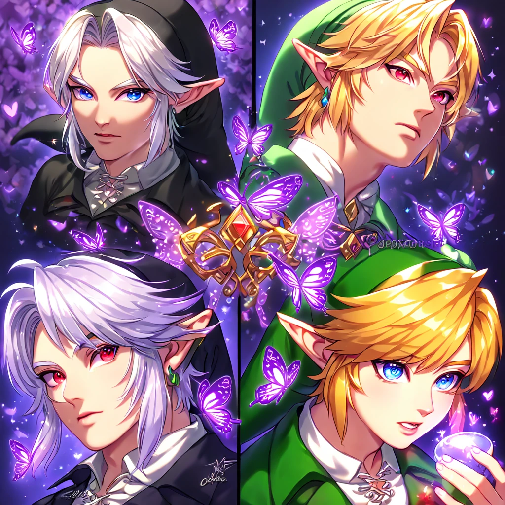 absurdres, highres, ultra detailed, HDR, master piece, best quality, extremely detailed, detailed eyes, Dark Link, white hair, expressive red eyes, The Legend Of Zelda Ocarina Of Time, Link, blonde hair, expressive blue eyes, two sexy men together, manly man, couple, yaoi, handsome, black tunic, black hat, green tunic, green hat, under a purple tree, fantasy, magical, purple glittering fireflies, purple butterflies, purple flames, glass magic, purple leaves