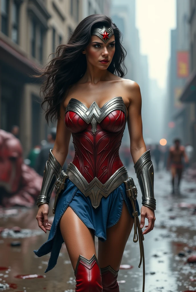(((A beautiful woman Adriana Lima under the mantle of the Amazon warrior Wonder Woman (((He is wearing a navy blue one-piece suit with scales.))),(((Over the jumpsuit she wears a red corset in armor))) Silver metal diaema with a red star on her forehead long red boots up to her knees through the streets of an apocalyptic and bloody city images from the side)))