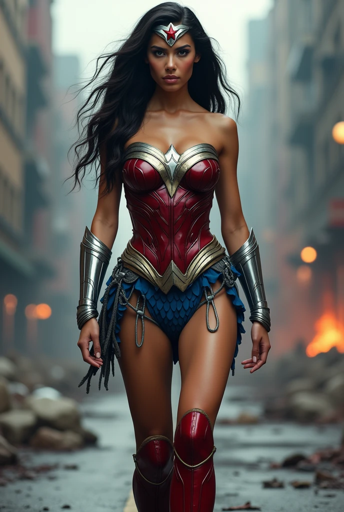 (((A beautiful woman Adriana Lima under the mantle of the Amazon warrior Wonder Woman (((He is wearing a navy blue one-piece suit with scales.))),(((Over the jumpsuit she wears a red corset in armor))) Silver metal diaema with a red star on her forehead long red boots up to her knees through the streets of an apocalyptic and bloody city images from the side)))