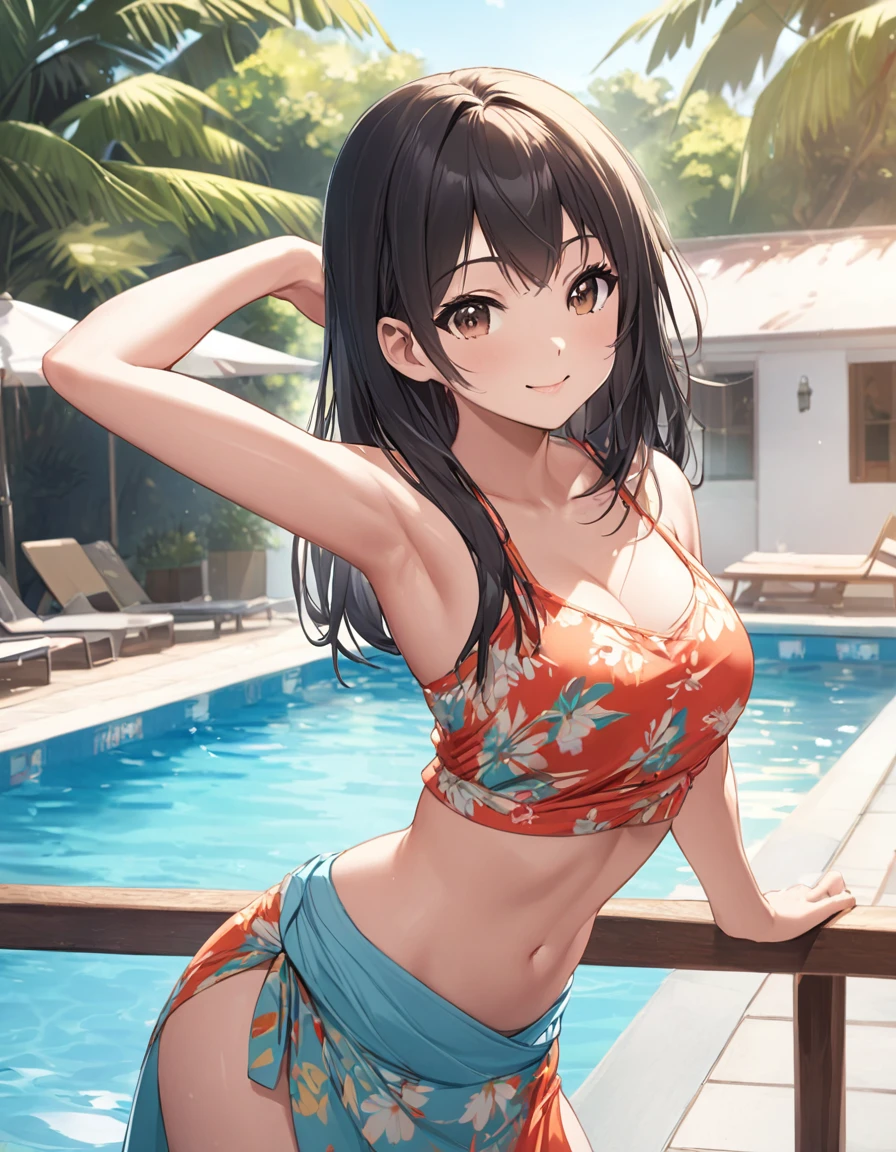 Girl, cute, adorable, smiling, straight hair, long hair, black hair, standing, (right arm up behind:1.2), (shows armpit:1.2), (left arm Lower waist:1.2), Swayback stance, looking at the camera, From the front, from thighs to head, pool, daylight,Sarong-pass