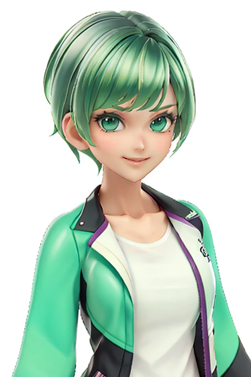 green hair,Emerald hair,short hair,short hair,bright face,upper body up,chest up,business woman,intellectual,smile,jacket,white shirt ,big bangs,beautiful bangs, laughter,drooling eyes, alone,Flow of hair that extends to the face,Big light blue eyes shine charmingly,green one piece,eyeliner,Shining white skin,