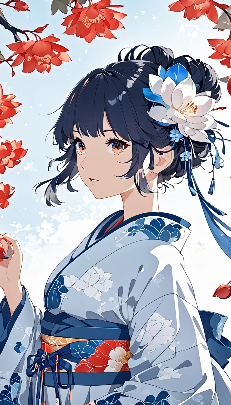 Anime girl dressed in a kimono with flowers in her hair., Guweiz, beautiful anime artwork, obra de arte al estilo de Guweiz, clean and detailed anime art, anime art wallpaper 4k, anime art wallpaper 4k, anime art wallpaper 8k, De Arknights, beautiful anime art, Guweiz
