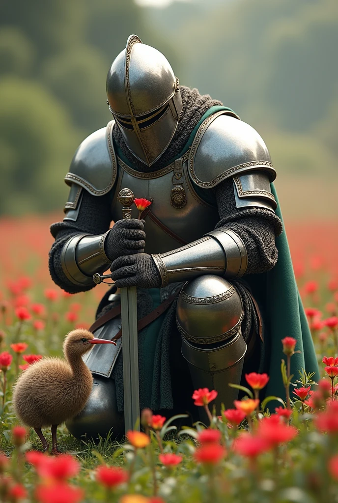 Medieval warrior with helmet covering his entire face (minute details in the armor which is of a general), on your knees and slightly crouched, leaning on his sword,  Seeing a kiwi and touching its head with the tip of the fingers of one of his hands, that the warrior is in 3/4 in a field of flowers
