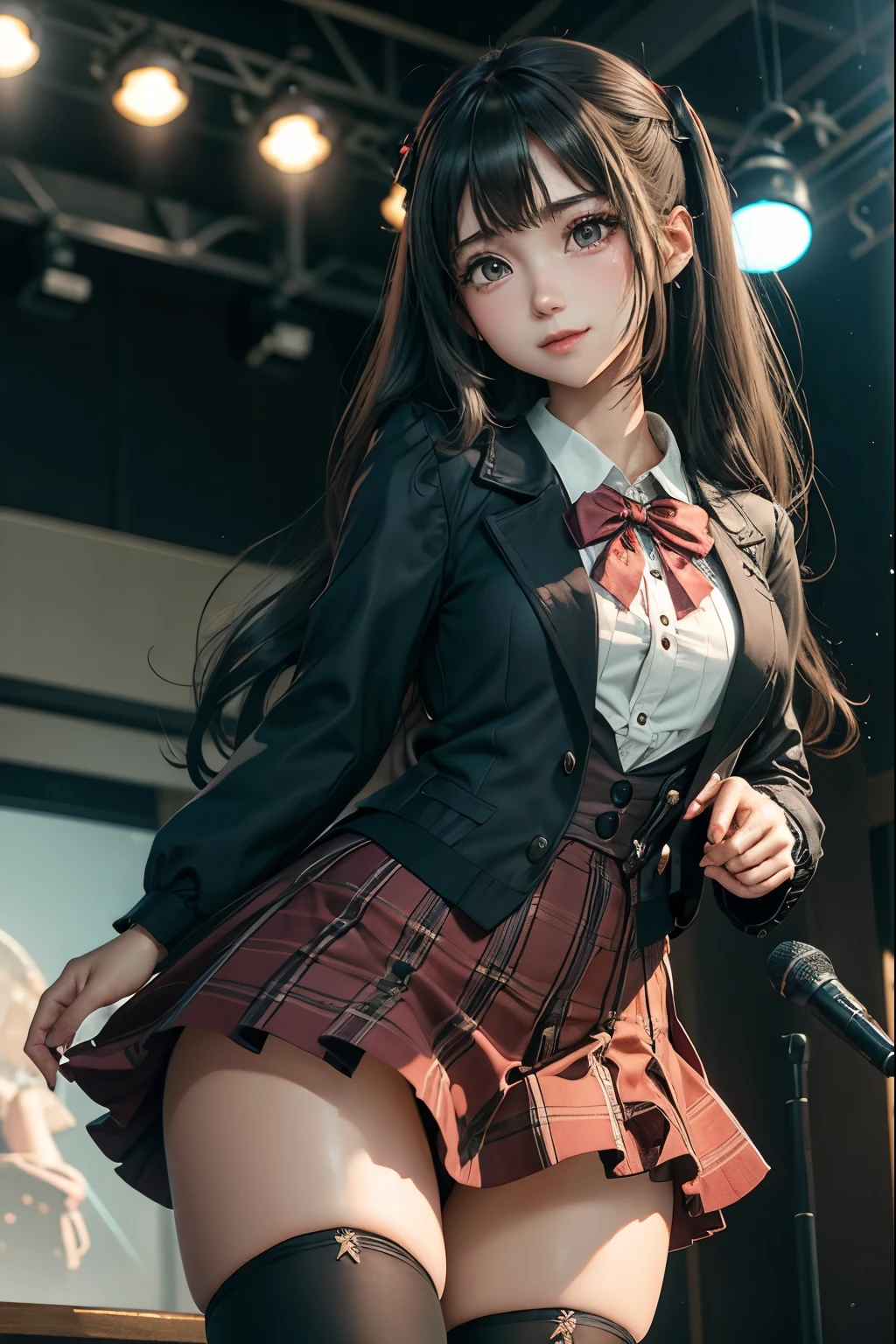 High school girl blazer、uniform、Red checked knee-length skirt、Long skirt、JK Style、Jacket、smile、Knee-high socks、Thigh-high socks、pantyhose、Extremely beautiful、Super cute、ennui、Rare Beauty、Dark black eyeshadow、sad、Skin radiance、Long Hair Straight Hair、Dark Gothic Makeup、Dark Smile、Fragrant beauty、Stained glass background、masterpiece、Highest quality、See 5 books、Sweat glistening on my chest、Sweat glistening on the face、Small breasts、2、Slightly slim、Mysterious look、Sad look、Mysterious Gothic Church、enchanting castle、Excessive sweating all over the body、Thighsに大量の汗と光、光沢のあるThighs、Thighs、Thighsに大量の汗が光る、sweat profusely、Gal、Small breasts、Japanese face、Captivating look、細いThighs、play the guitar、I have a guitar、Enthusiastic singing、バンドでplay the guitar、Playing guitar chords、Background of the live music venue、Sing a song、Open your mouth、Scenery of a live music venue、Mike stand、Glamorous live stage、Dynamic Angles、Vivid straight long hair、delicate straight hair、