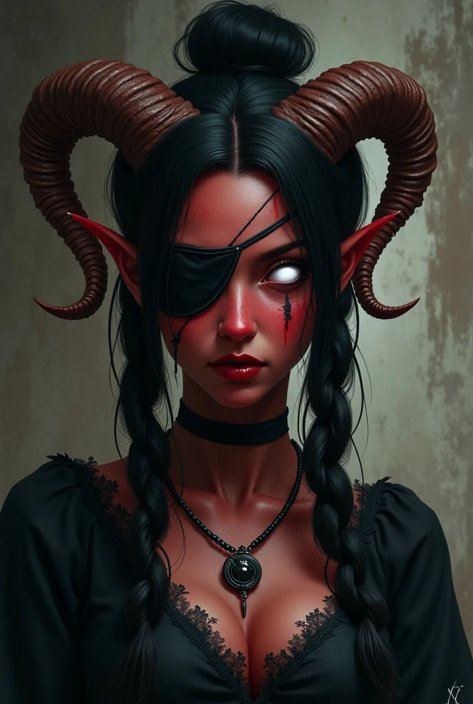 ((Mediovale)), uma mulher Tiefling, reddish skin, ram horns, completely white eyes, eye patch on the left side, scar under the eye patch, scar on the lips on the right side, Bblack hair, hair tied in a bun, scraping both sides, a braid on each side of the bangs.