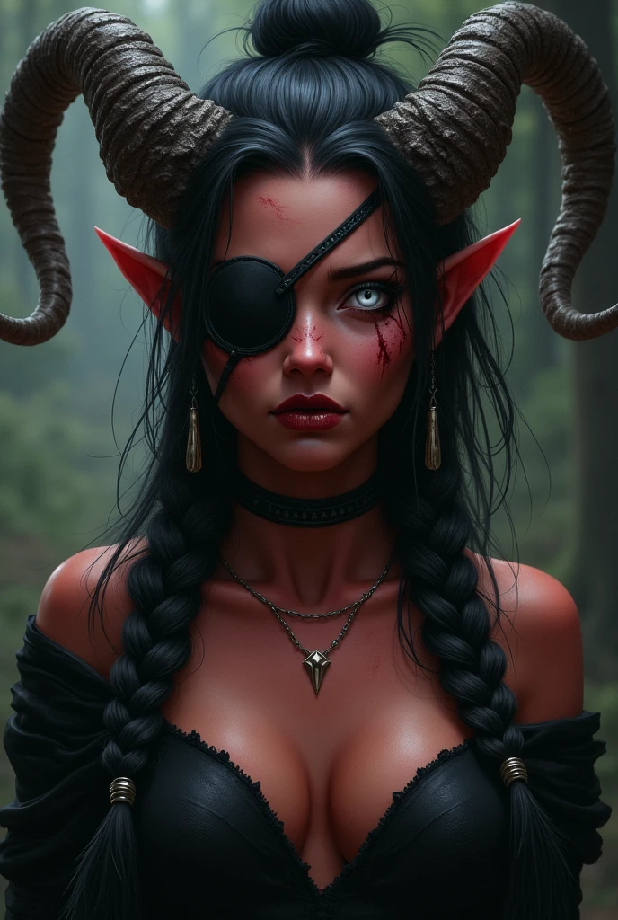 ((Mediovale)), uma mulher Tiefling, reddish skin, ram horns,  completely white eyes, eye patch on the left side, scar under the eye patch, scar on the lips on the right side, Bblack hair, hair tied in a bun, scraping both sides, a braid on each side of the bangs.