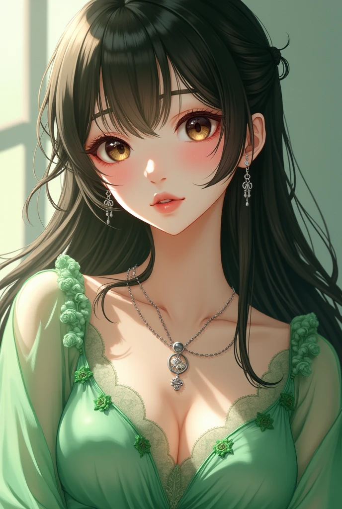 Close up of a woman wearing a green dress and necklace, A work of art in the Quwaiz style, Realistic anime in 3D style, Beautiful anime picture, realistic anime style, Detailed image of an anime girl, Beautiful portrait, By Yang J, stunning anime face portrait, Realistic anime art style, Anime girl picture, Nice anime style