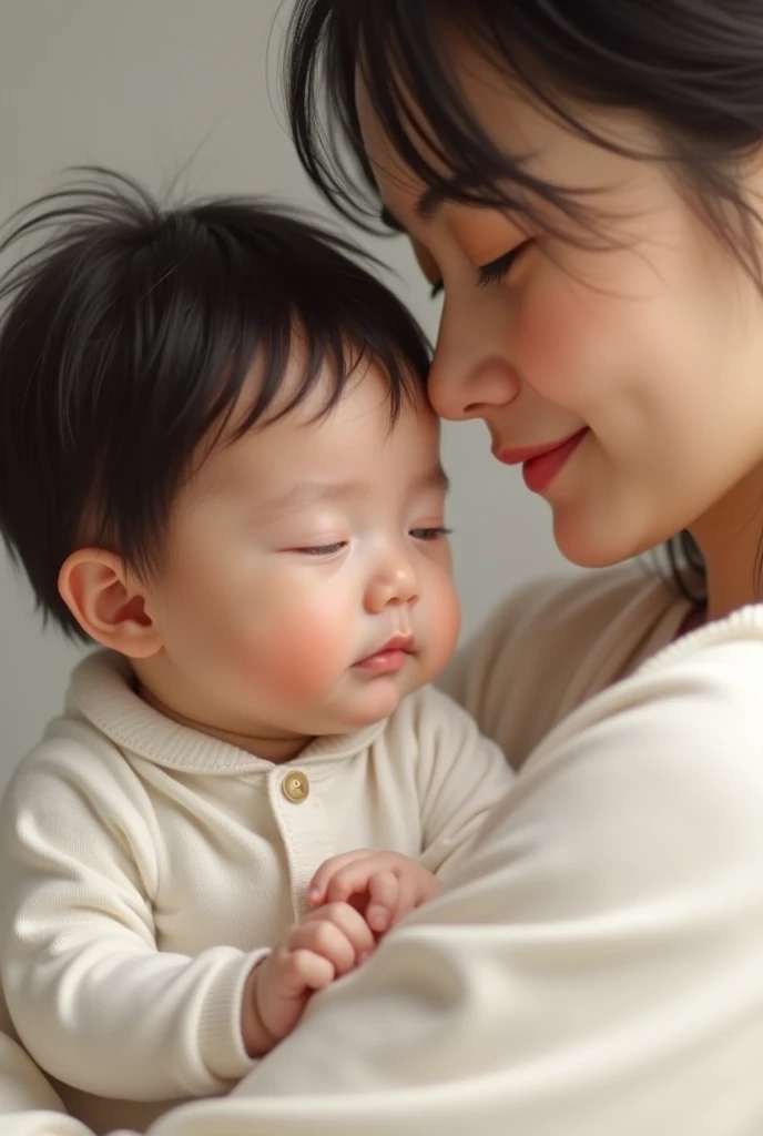 Make a baby and his newborn have a white onesie and black hair