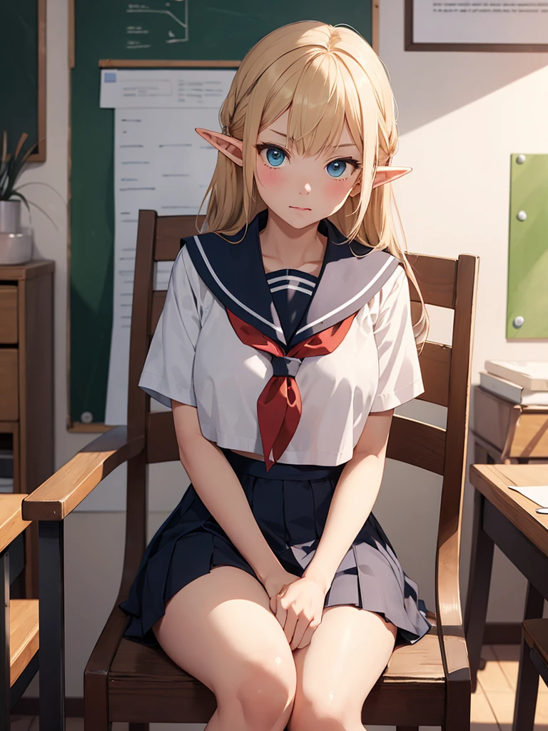 ((Highest quality)), ((masterpiece)), (detailed), School Principal's Office、Elf Girl、Sailor suit、Sitting in a chair、Bad mood、Her mother is making excuses