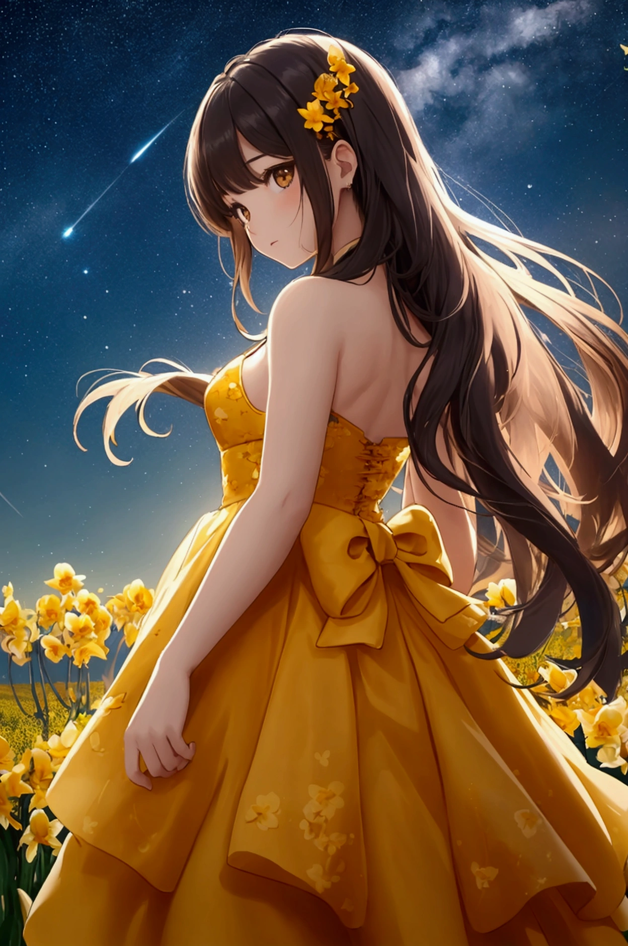 camera comes from below, girl with her back turned looks at the starry sky over a field of yellow orchids, in the sky the stars form the symbol of the sign Virgo, girl wears amber colored dress that is fluttered by the breeze of the wind, hair in the wind, beautiful night