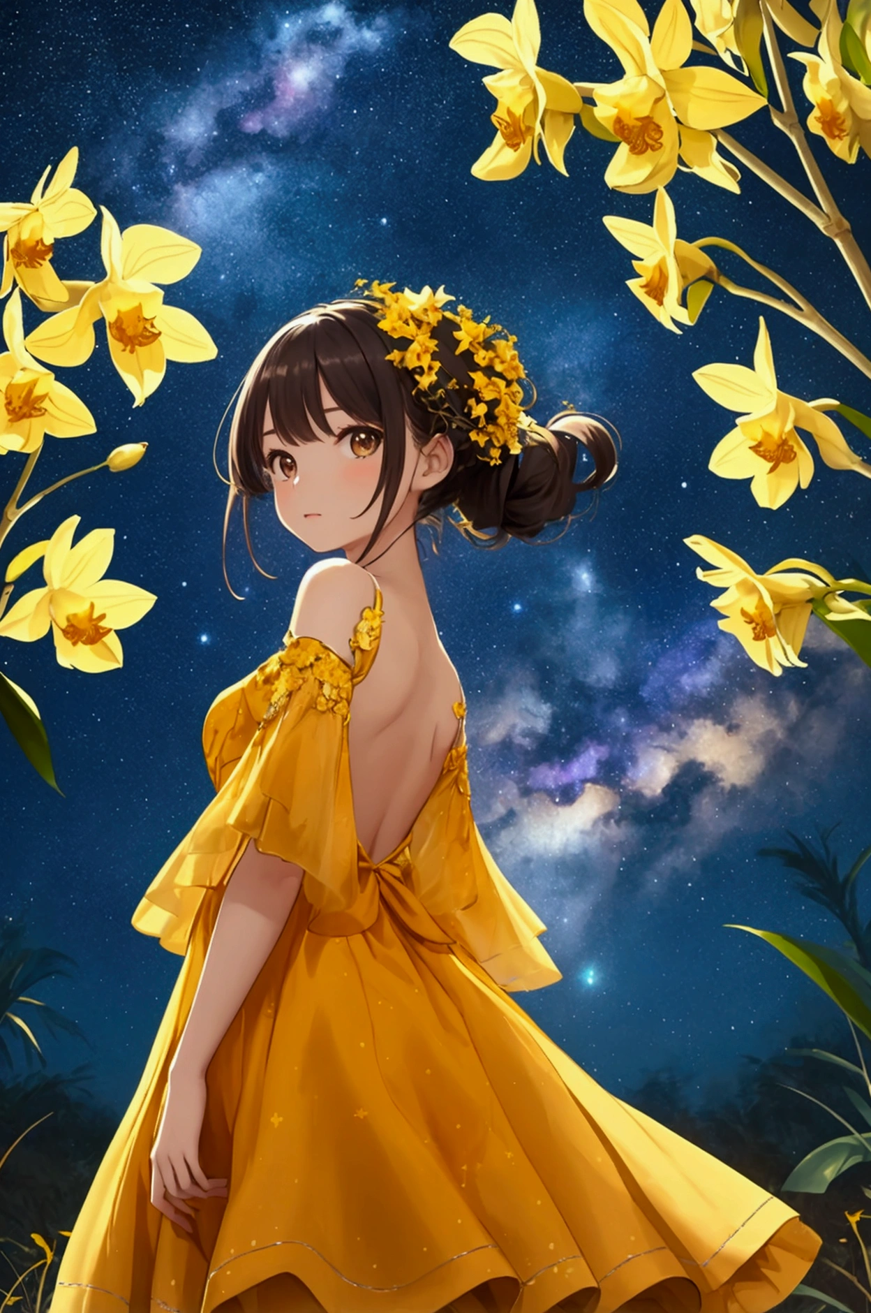 camera comes from below, girl with her back turned looks at the starry sky over a field of yellow orchids, in the sky the stars form the symbol of the sign Virgo, girl wears amber colored dress that is fluttered by the breeze of the wind, hair in the wind, beautiful night