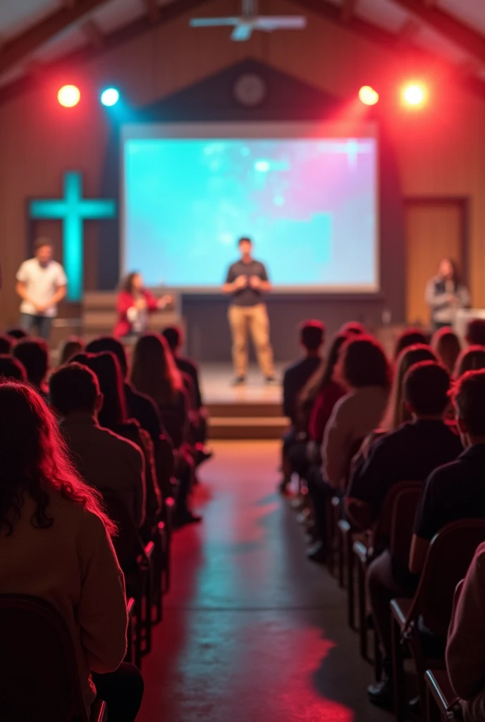 meeting/Christian youth events, where current issues are addressed in creative ways, impactful and fun, with interactive spaces and dynamics to encourage active participation from everyone, where everyone asks questions, notes, and take the Bible to look up the references. The environment is bright and well-lit, in a traditional Christian church 