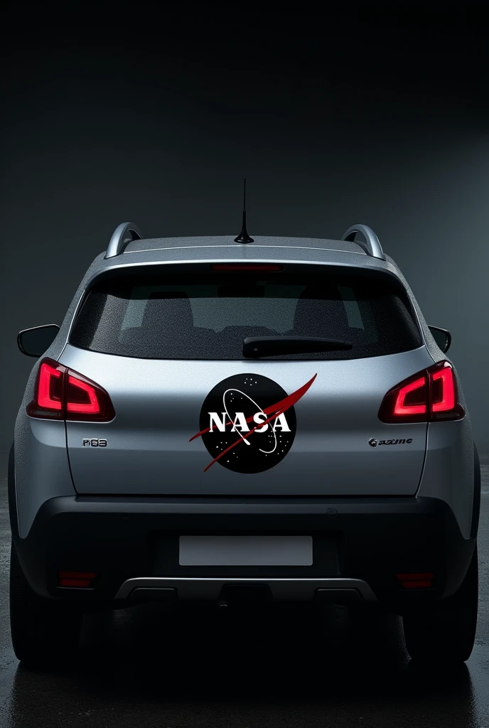 Shadowy NASA logo on the back of a silver Peugeot 2008
