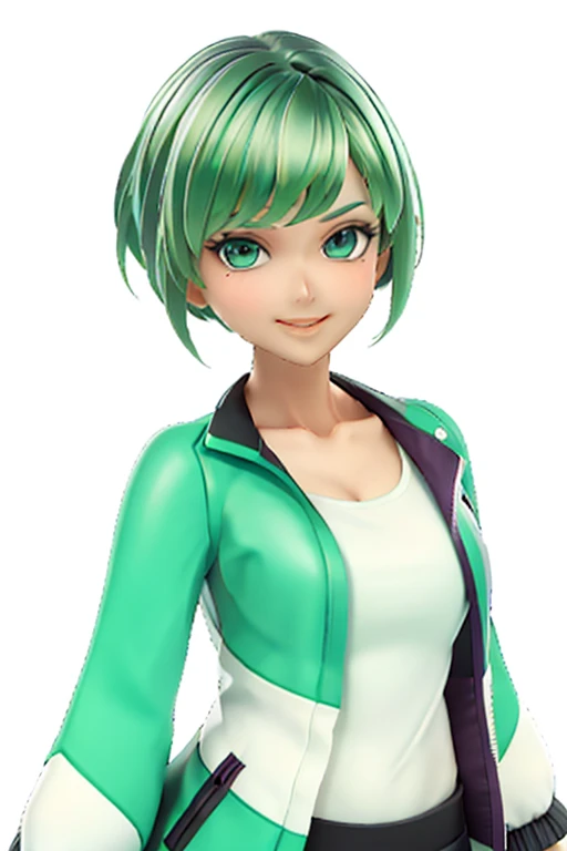 green hair,Emerald hair,short hair,short hair,bright face,upper body up,chest up,business woman,intellectual,smile,jacket,white shirt ,big bangs,beautiful bangs, laughter,drooling eyes, alone,Flow of hair that extends to the face,Big light blue eyes shine charmingly,green one piece,eyeliner,Shining white skin,