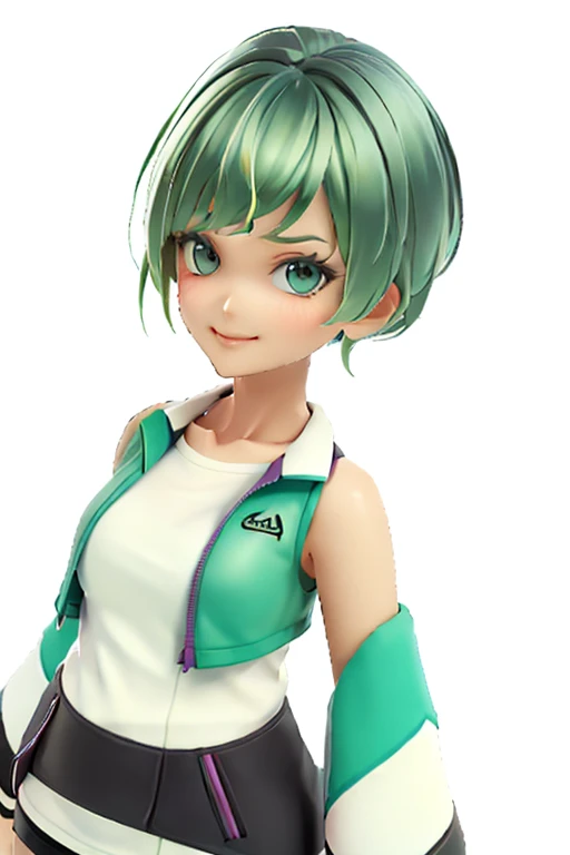 green hair,Emerald hair,short hair,short hair,bright face,upper body up,chest up,business woman,intellectual,smile,jacket,white shirt ,big bangs,beautiful bangs, laughter,drooling eyes, alone,Flow of hair that extends to the face,Big light blue eyes shine charmingly,green one piece,eyeliner,Shining white skin,