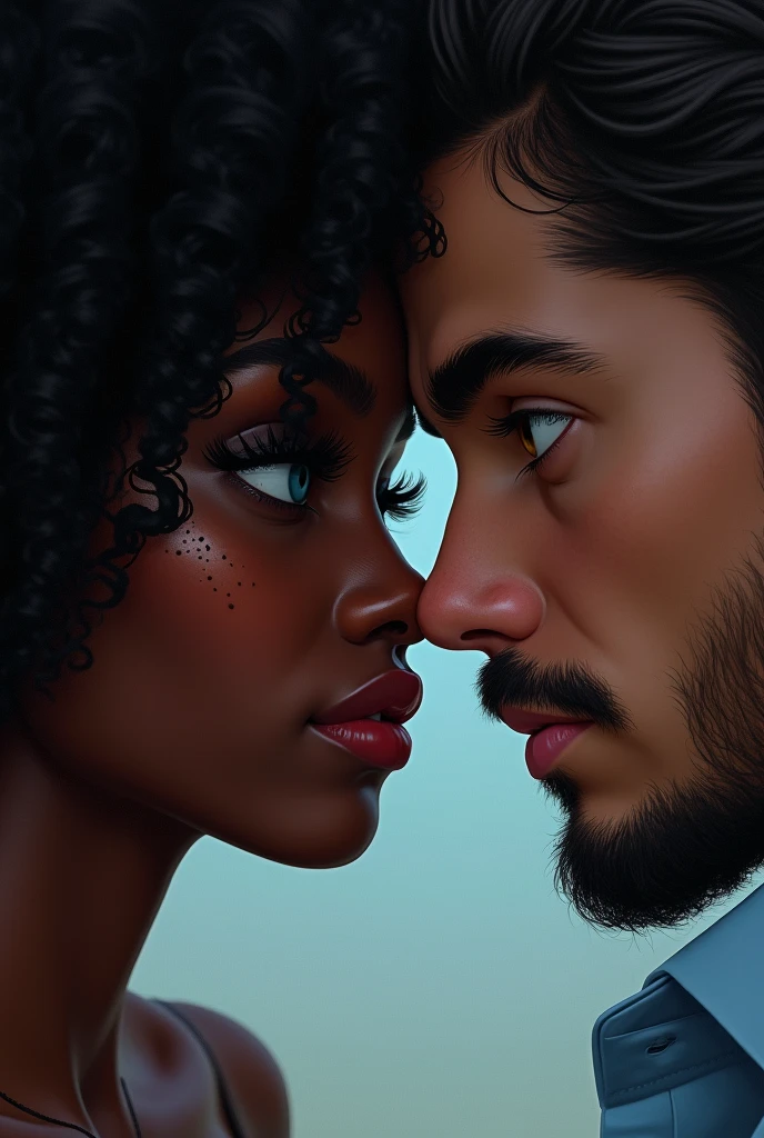 black woman does not have expressive eyes and freckles on her face, man with blue and brown heterochromia, Cao Cao, blackquality hair, both looking at each other with passion