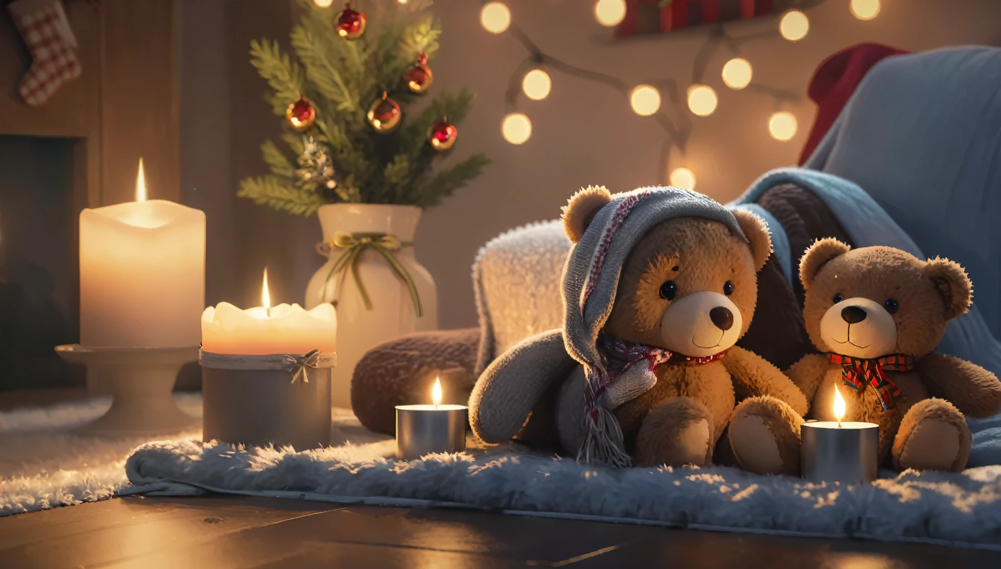 There are two teddy bears sitting on a blanket with a candle, Cozy candlelight, Cozy home background, cozy wallpaper, Cute 3D rendering, v-rayでレンダリング, Cozy environment, Cozy atmosphere, Christmas Night, Pleasant lighting, Night atmosphere, Cozy atmosphere, Vray 8K Rendering, Unreal Engine ; Romantic Theme, Realistic soft lighting, Highly detailed soft lighting
