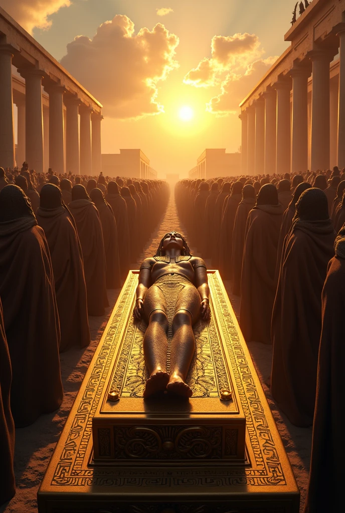 a large crowd gathers for a beautiful Egyptian princess funeral, hyper realistic, highly detailed, 4k, early morning light, large clouds, depressing atmosphere
