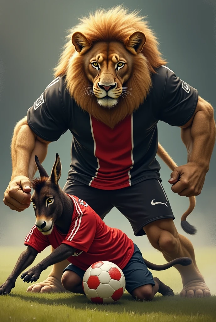 A lion wearing a black and red soccer jersey split in half vertically. The lion stomping on a donkey wearing a red jersey.