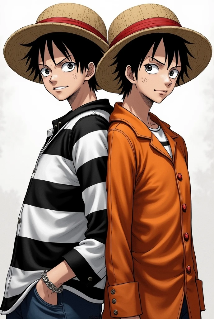 Monkey D. Luffy in a black and white striped long-sleeved prison uniform and Monkey D. .... Luffy in orange long sleeve prison uniform Original anime One Piece