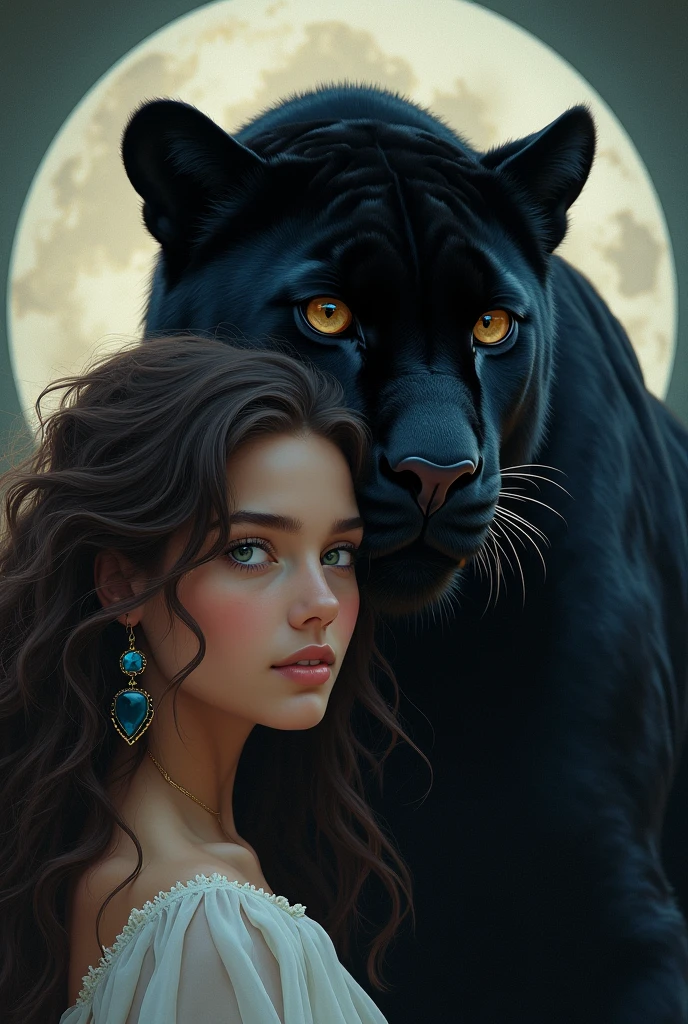 A girl with wavy chocolate-colored hair and green eyes with blue gemstone earrings protecting a black panther with brown eyes, full and round image in the background
