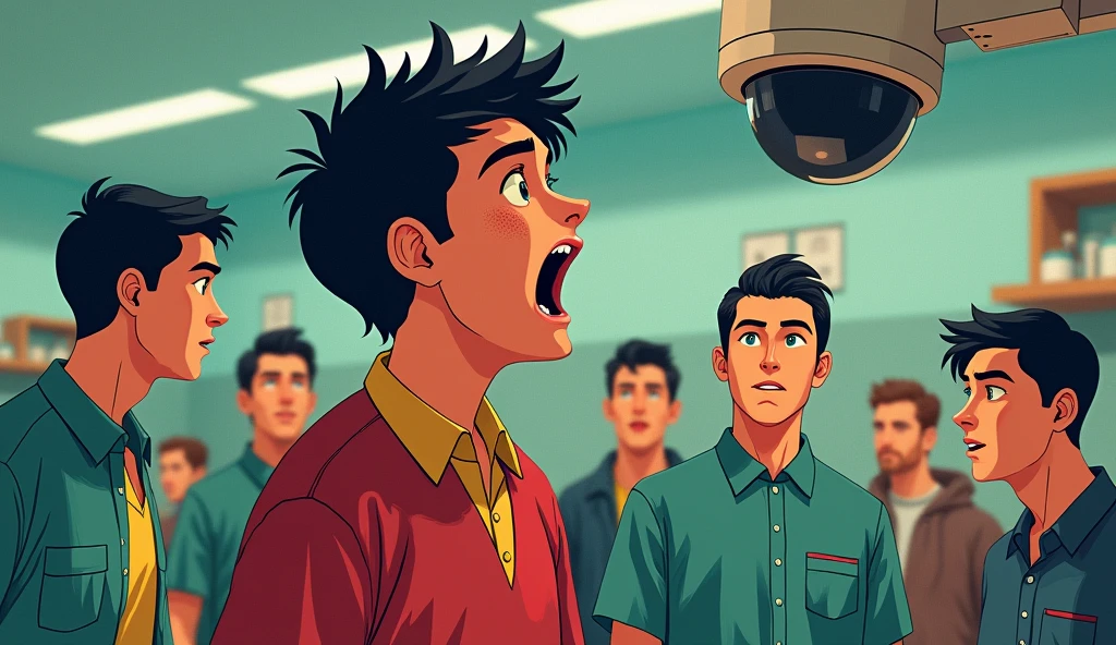 A realistic illustration, a young man all unkempt, with boy uniform, red and teal and yellow, screaming looking at the security camera that films 360° image, coworkers in the same uniform trying to calm him down, customers looking at him worriedly in the background. This image should simulate the security camera image..