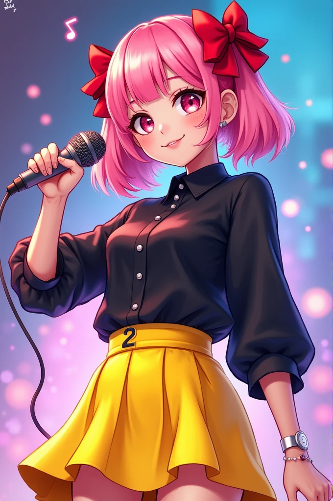 A kpop singer with pink hair and a red bow wearing a black shirt and yellow skirt holding a microphone with musical notes on the side