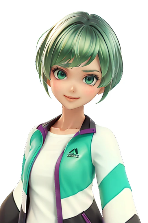 green hair,Emerald hair,short hair,short hair,bright face,upper body up,chest up,business woman,intellectual,smile,jacket,white shirt ,big bangs,beautiful bangs, laughter,drooling eyes, alone,Flow of hair that extends to the face,Big light blue eyes shine charmingly,green one piece,eyeliner,Shining white skin,