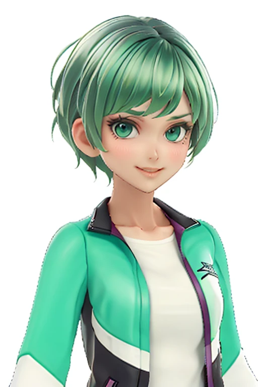 green hair,Emerald hair,short hair,short hair,bright face,upper body up,chest up,business woman,intellectual,smile,jacket,white shirt ,big bangs,beautiful bangs, laughter,drooling eyes, alone,Flow of hair that extends to the face,Big light blue eyes shine charmingly,green one piece,eyeliner,Shining white skin,