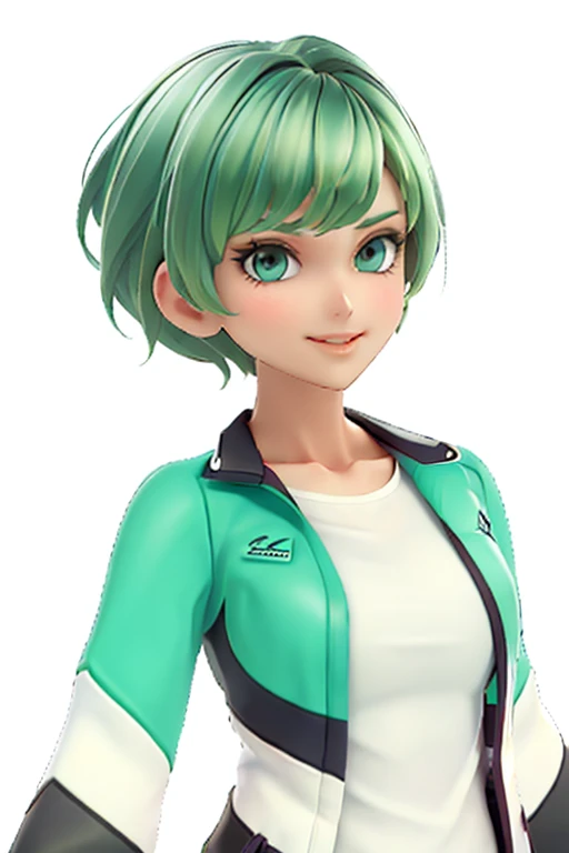 green hair,Emerald hair,short hair,short hair,bright face,upper body up,chest up,business woman,intellectual,smile,jacket,white shirt ,big bangs,beautiful bangs, laughter,drooling eyes, alone,Flow of hair that extends to the face,Big light blue eyes shine charmingly,green one piece,eyeliner,Shining white skin,