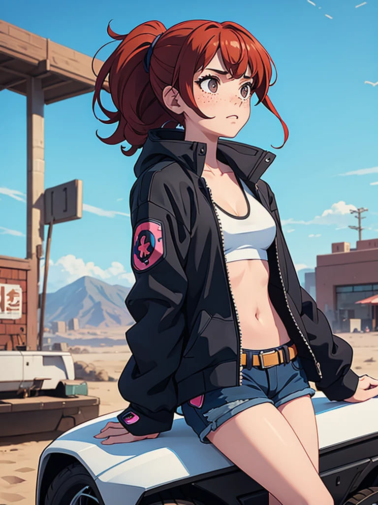(masterpiece), (best quality), ((one girl)),alone, red hair,((brown eyes)),curly hair, anime style, freckles, (mall breast, (petite figure), blue and black cyberpunk jacket, shorts, legs, ((desert background))