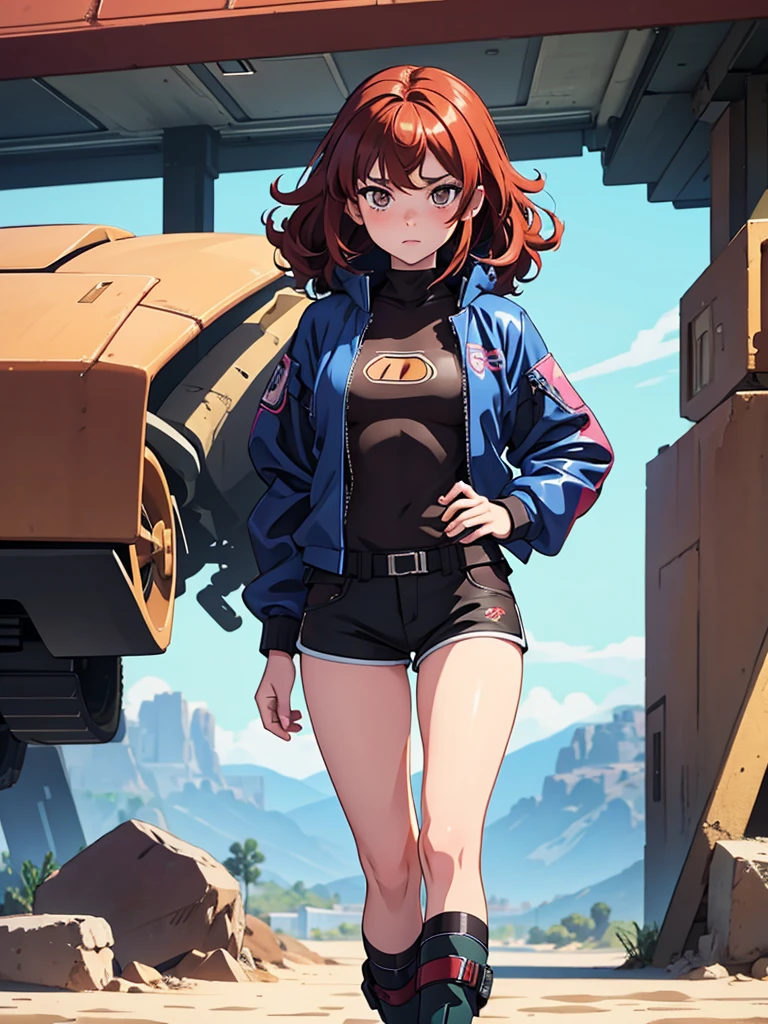 (masterpiece), (best quality), ((one girl)),alone, red hair,((brown eyes)),curly hair, anime style, freckles, (mall breast, (petite figure), blue and black cyberpunk jacket, shorts, legs, ((desert background))