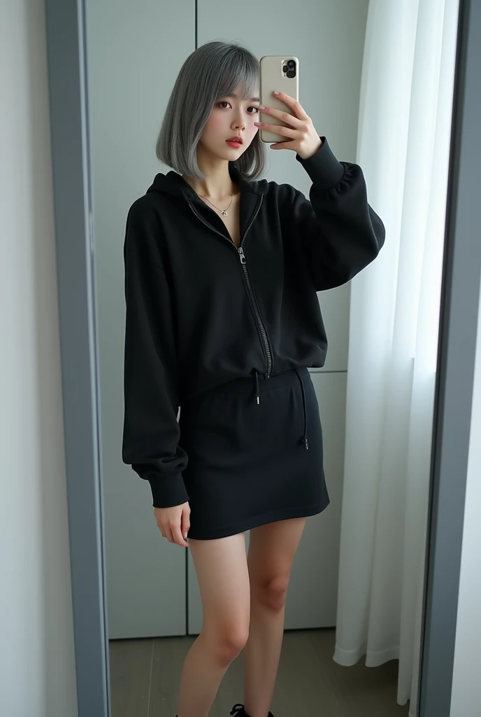 highly detailed, beautiful, hyper Realistic girl, masterpiece, best quality, Depict a mysterious and sophisticated beautiful Japanese gravure model,, 28-years-old, identity hidden, all body shot, / gray arranged hair, small head, Detailed face, cute and Pretty slim face, wide Duck mouth, perfect beautiful Tooth, arranged gray hair, shiny eyes, blue-colored eyes, Realistic skin, Detailed face, / Top: A black cropped hoodie made from soft, high-quality sweat material, featuring a completely plain, unembellished finish. The hoodie has a relaxed fit with a high collar and zippered front, emphasizing a clean, minimalist aesthetic.
Bottom: A knee-length, fitted skirt in matching black sweat material, maintaining a simple and sleek silhouette. The skirt’s unadorned design highlights comfort and modern style.
Footwear: Sleek black ankle boots with subtle synthetic overlays and neon blue soles, providing a touch of futurism while keeping the overall look understated.
Accessory: The only accessory is a delicate, thin silver necklace at the neck, offering a subtle and refined touch to the overall minimalistic ensemble. //// simple white single room, gray frame mirror, complicated background /// takes a selfie in her room using a smartphone in front of a mirror with one hand, standing and sexy Posing, all body below shot, looking away from the camera,
