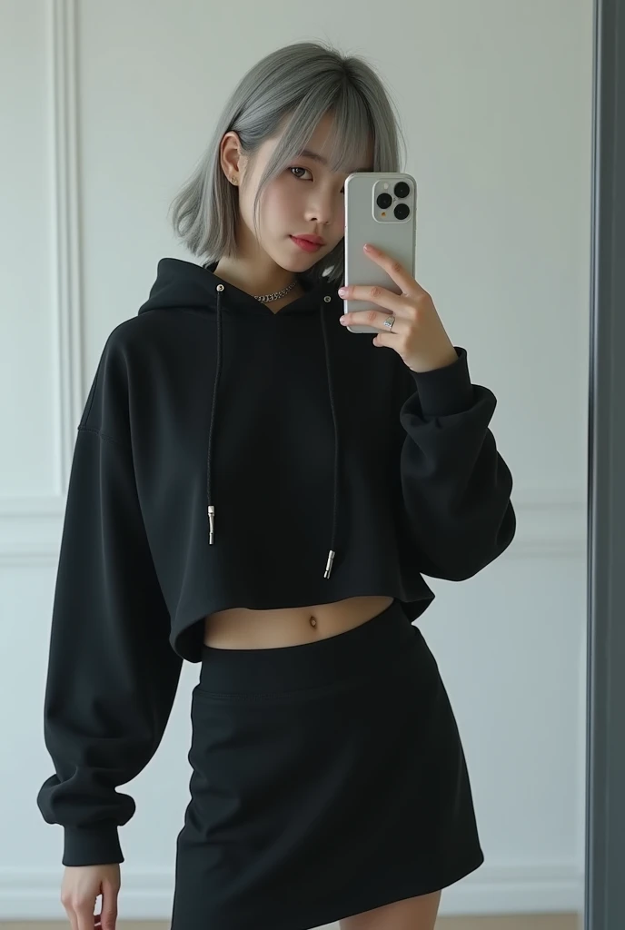 highly detailed, beautiful, hyper Realistic girl, masterpiece, best quality, Depict a mysterious and sophisticated beautiful Japanese gravure model,, 28-years-old, identity hidden, all body shot, / gray arranged hair, small head, Detailed face, cute and Pretty slim face, wide Duck mouth, perfect beautiful Tooth, arranged gray hair, shiny eyes, blue-colored eyes, Realistic skin, Detailed face, / Top: A black cropped hoodie made from soft, high-quality sweat material, featuring a completely plain, unembellished finish. The hoodie has a relaxed fit with a high collar and zippered front, emphasizing a clean, minimalist aesthetic.
Bottom: A knee-length, fitted skirt in matching black sweat material, maintaining a simple and sleek silhouette. The skirt’s unadorned design highlights comfort and modern style.
Footwear: Sleek black ankle boots with subtle synthetic overlays and neon blue soles, providing a touch of futurism while keeping the overall look understated.
Accessory: The only accessory is a delicate, thin silver necklace at the neck, offering a subtle and refined touch to the overall minimalistic ensemble. //// simple white single room, gray frame mirror, complicated background /// takes a selfie in her room using a smartphone in front of a mirror with one hand, standing and sexy Posing, all body below shot, looking away from the camera,